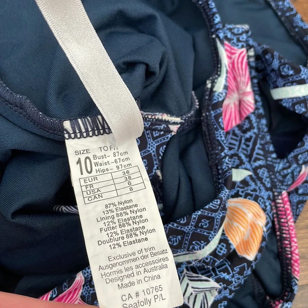 NWOT SEAFOLLY Active Blue Floral Deep V-Neck One-Piece Swimsuit